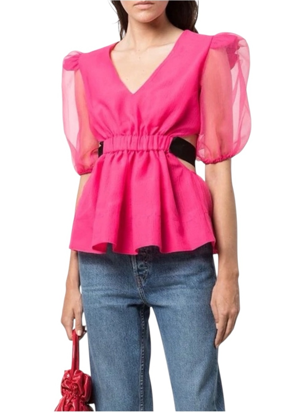 Cynthia Rowley Hot Pink V-Neck Peplum Top with Sheer Puff Sleeves
